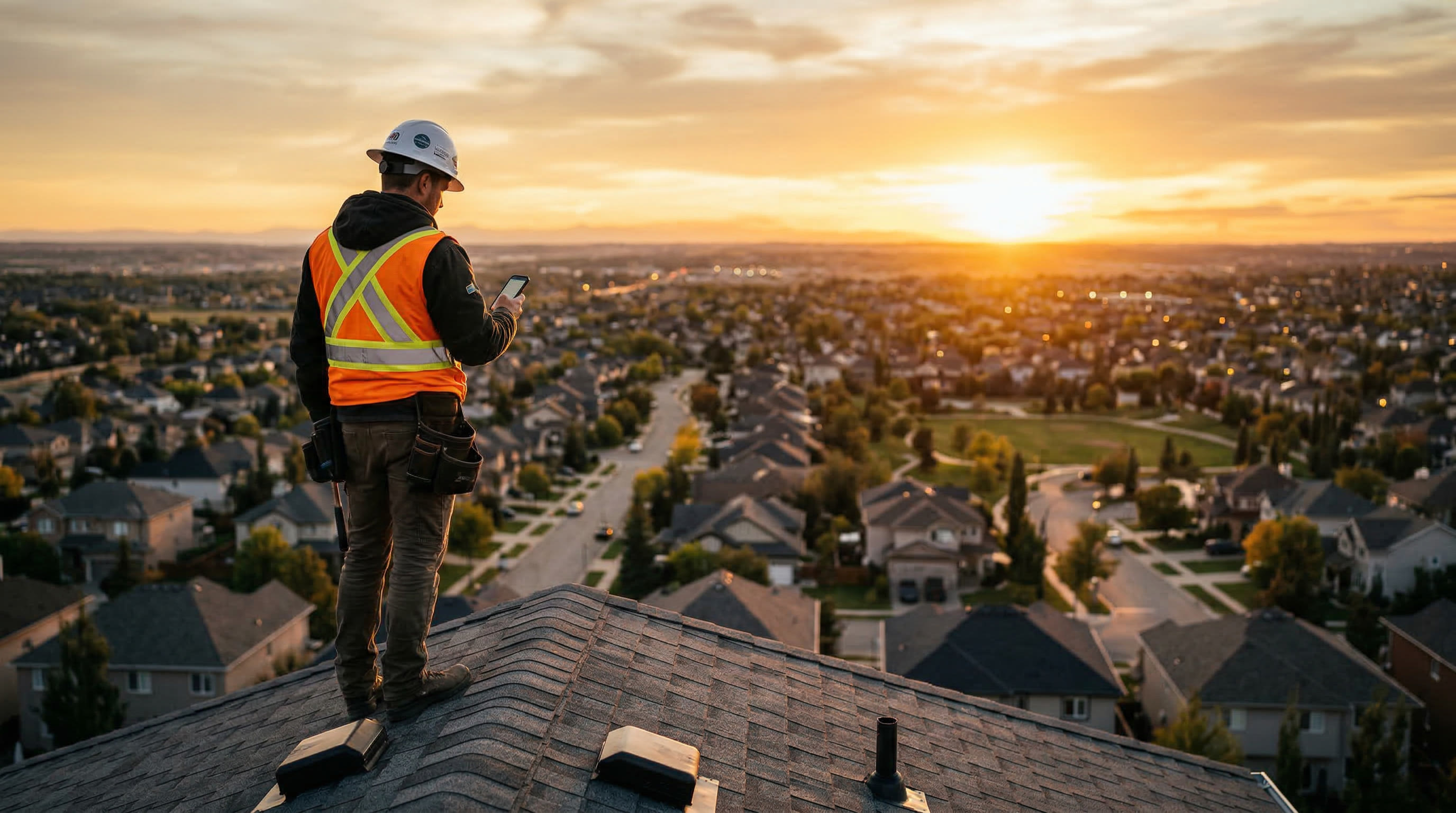 Roofing contractor on a roof at golden hour